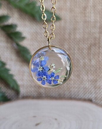 Wisiorek z niezapominajkami prawdziwe kwiaty złoty, zkwiatem