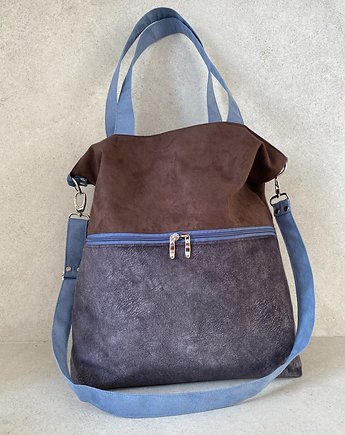Duża torba na ramię z zapinaną kieszenią -  c.brąz, szaroniebieski, ZAMIŁOWANIA - Oryginalny prezent