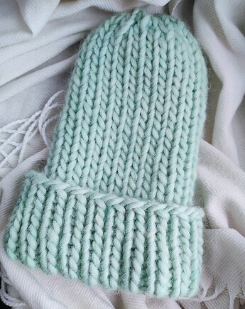 Wełniana czapka na drutach WOOLLY miętowa, Po.dziergane