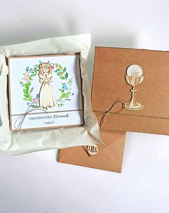 PREMIUM : kartka w pudełku + torebka handmade :wianek : dziewczynka, kaktusia