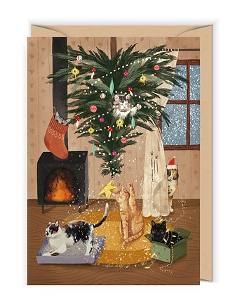 Kartka świąteczna z ilustrowanymi kotkami, Cudowianki