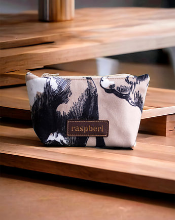 Beżowa mini kosmetyczka z weluru w krowy, raspberi