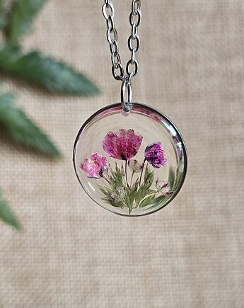 Srebrny wisiorek prawdziwe kwiaty różowe, zkwiatem