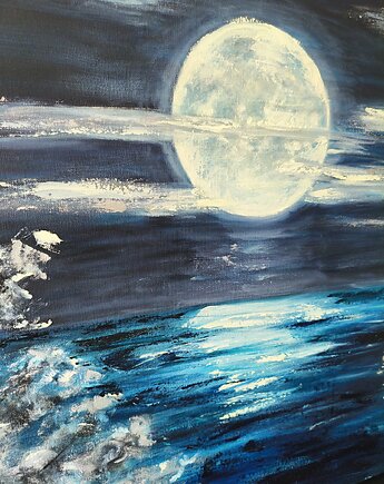 Światło Księżyca Obraz Olejny 70x100 Noc Morze Srebro Magia Jezioro, kkjustpaint Karolina Kamińska