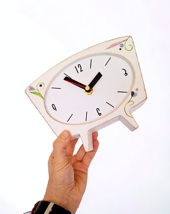 Zegar drewniany  biurkowy biały folk, Clock Wood Studio