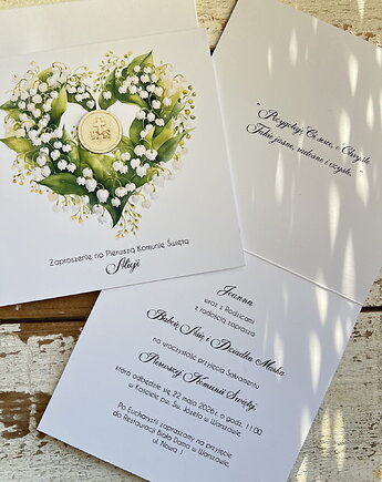 Białe eleganckie zaproszenia komunijne, na komunię, sorte