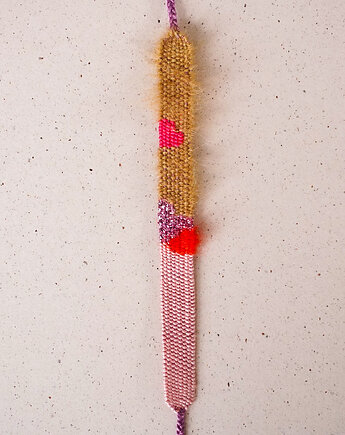 Tkana bransoletka na sznurku - róż, czerwień, karmel, Słońcem Tkane