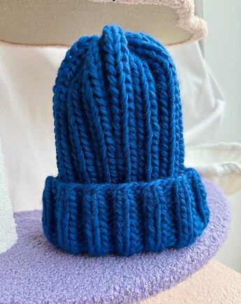 Gruba wełniana czapka beanie 100% wełna handmade kobalt niebieska, GANGSTA KNIT