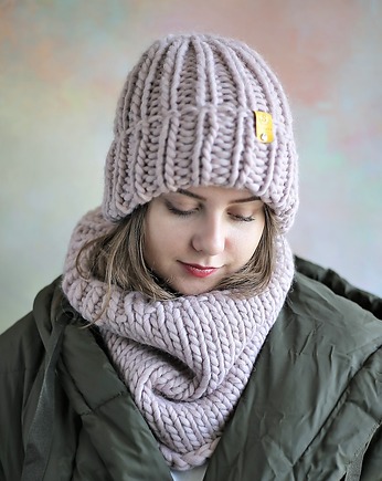 WOOLY Komplet wełniana czapka i komin pudrowy róż, sploteka