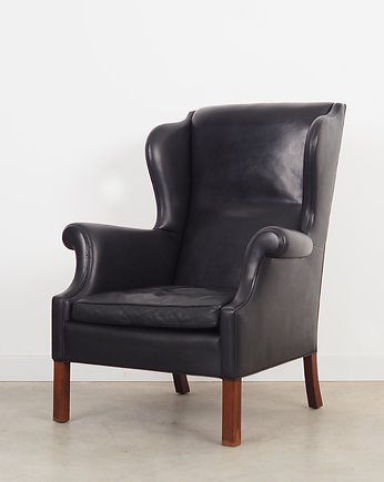 Fotel skórzany czarny, duński design, lata 70, produkcja: Dania, Przetwory design