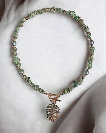 Monstera, turkus afrykański, perły : naszyjnik, kaktusia