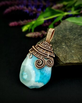 Wisiorek wire wrapping z agatem, Blue Pearl Art
