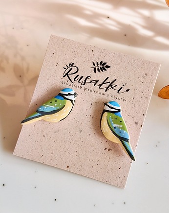 Kolczyki sztyfty sikorka modra modraszka ptaszki, boho wiosenne na prezent, Dary Rusałki