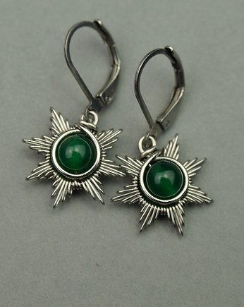 Małe kolczyki słoneczka zielony onyks wire wrapping, Agata Rozanska