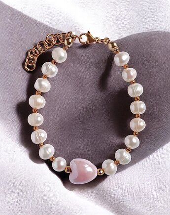 Bransoletka : PERŁY naturalne i ceramiczne serduszko : pastelowe różowe, kaktusia