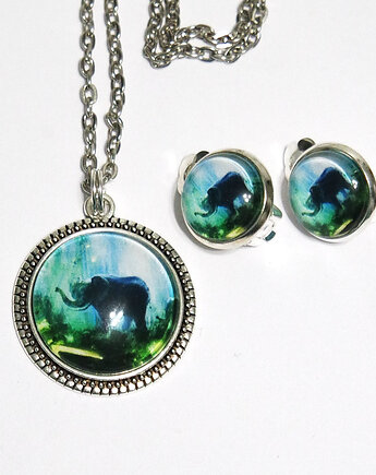 Naszyjnik i klipsy - Słoń, dżungla