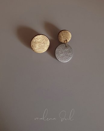 Male,asymetryczne kolczyki kola złota i srebrna skora naturalna, Malena Dul