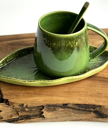 Zielony kubek ceramiczny  z talerzykiem  LIŚĆ, Ceramika Tyka
