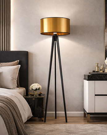 Czarna lampa stojąca z miedzianym kloszem MIAMI MIRROR tripod trójnóg, LYSNE