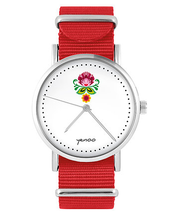 Zegarek - Folkowy kwiat - czerwony, nato, OSOBY - Prezent dla teścia