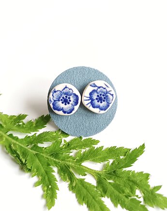 Kolczyki ceramiczne w kobaltowe kwiaty, biżuteria z talerzy