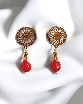 Kolczyki : INDIA :  koral czerwony na ozdobnych sztyftach, kaktusia