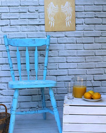 Błękitne krzesło, shabby chic, vintage, skrzydła, Monique Art