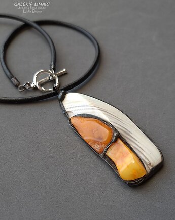 Krzemień pasiasty i bursztyn w designerskim wisiorze ręcznie robionym gift LUX, Galeria Limart