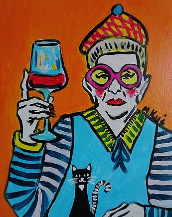Kolorowy obraz  do salonu babcia z lampką wina, alice oil on canvas