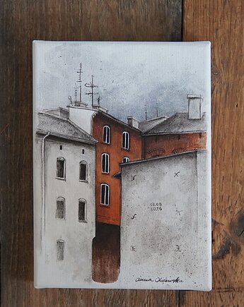 Obrazek - śląskie podwórko - 15x21cm - oryginał na płótnie, anamarko