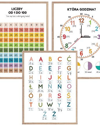 Plakaty edukacyjne dla dzieci Alfabet, Zegar, Liczby 1-100, Wallie Studio Dekoracji