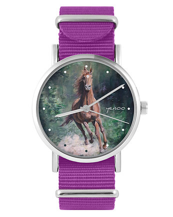 Zegarek - Koń, las - amarant, nylonowy, yenoo