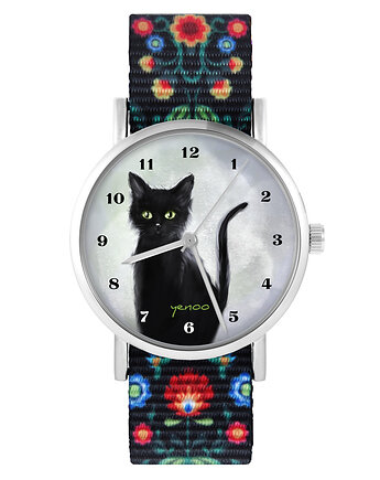 Zegarek - Czarny kot - folk czarny, nylonowy, yenoo