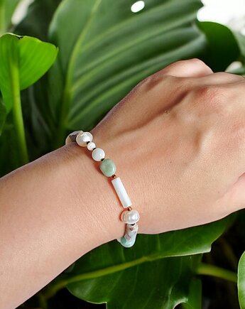 Bransoletka wakacyjna : perły , muszla, amazonit, jaspis cesarski :: light, kaktusia