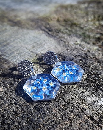 Kolczyki z niezapominajkami, heksagon, Figa handmade accessories