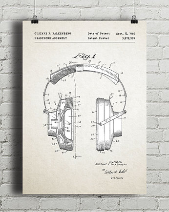 Słuchawki - patent - plakat vintage, minimalmill