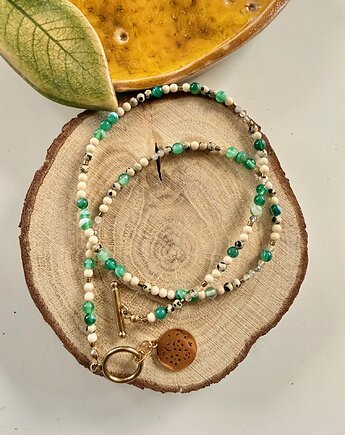 Naszyjnik z kamieni naturalnych Agat zielony, sznurki i liście