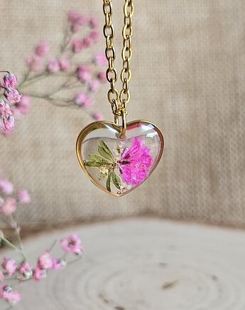 Złota zawieszka wisiorek kwiaty serce serduszko różowa, zkwiatem