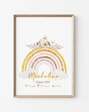 Plakat metryczka z tęczą, obrazek z imieniem dziecka, tęcza w stylu boho, Lalenaroom