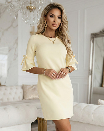 217-12 NEVA Trapezowa sukienka z rozkloszowanymi rękawkami - żółta, NUMOCO