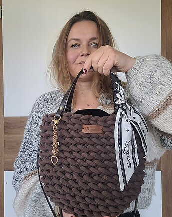 Czekoladowa torebka damska z sznuka bawełnianego - szydełkowa plecionka, Babemi Love 