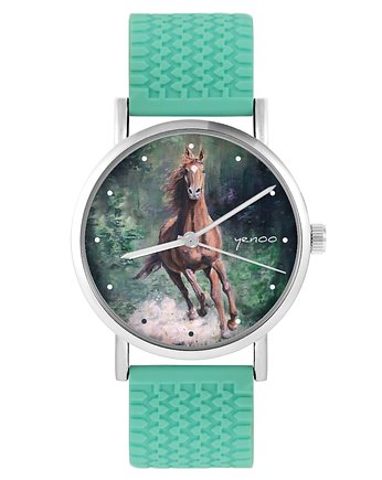 Zegarek - Koń, las - silikonowy, turkus, OSOBY - Prezent dla chłopaka na urodziny