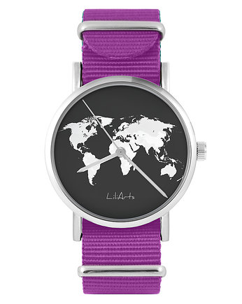 Zegarek - Mapa świata - amarant, nylonowy
