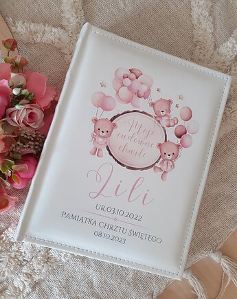 Różowe misie  ALBUM ECOSKÓRA  chrzest święty dziewczynki, LOO LOO DREAM
