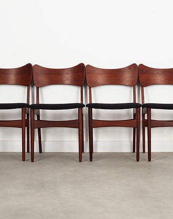 Komplet czterech krzeseł tekowych, duński design, lata 60, produkcja: Dania, Przetwory design