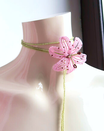 Liliowo - różowy naszyjnik choker z koralików, Hibiscus