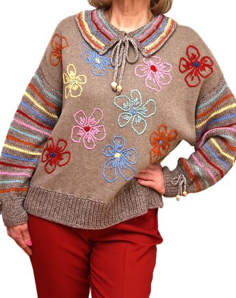 Sweter brązowy z haftami i kołnierzykiem, rozmiar L/XL, Z drugiej nitki