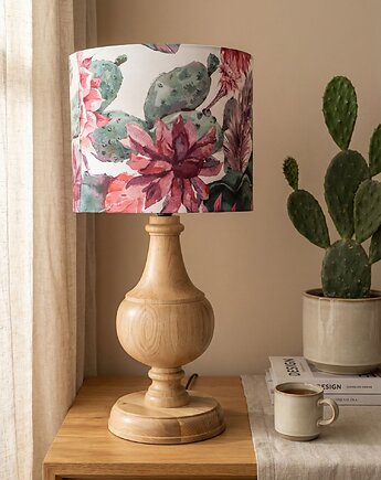 Lampa stołowa drewniana z abażurem w kwiaty, PiorunowoSzafa