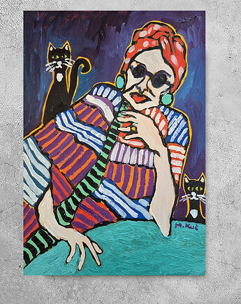 Obraz do salonu portret tam gdzie czuwają koty, alice oil on canvas