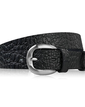 Pasek damski skórzany 100 cm do spodni wąski czarny croco srebrna klamra PG-1, Paolo Peruzzi